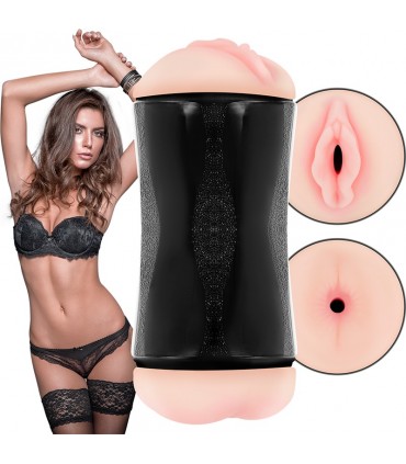 MASTURBATORE A DOPPIO FORO VAGINA E ANO IN TPE LUNGHEZZA INSERIBILE 15CM CON COPERCHI SU ENTRAMBI I LATI