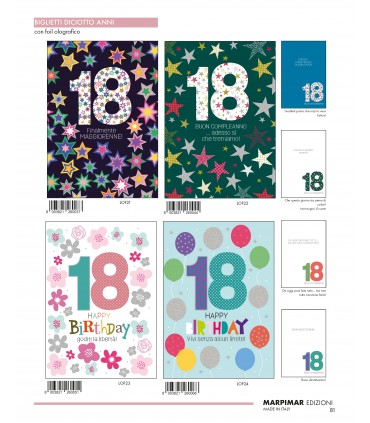 Biglietti MARPIMAR Buon Compleanno 18 ANNI CON FOIL OLOGRAFICO Conf.12 pz. assortiti