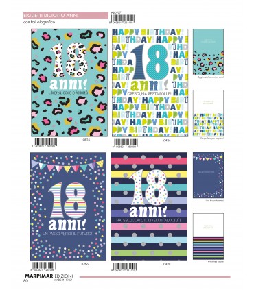 Biglietti MARPIMAR Buon Compleanno 18 ANNI CON FOIL OLOGRAFICO Conf.12 pz. assortiti