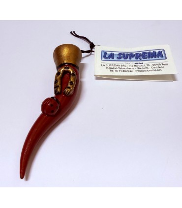 Corno in TERRACOTTA Rosso H.8 CM CON DECORO Realizzato e dipinto a mano IN ELEGANTE SCATOLA DA REGALO