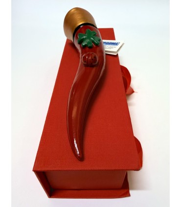 Corno GRANDE in TERRACOTTA con decoro Rosso H.18 cm Realizzato e dipinto a mano IN ELEGANTE SCATOLA DA REGALO