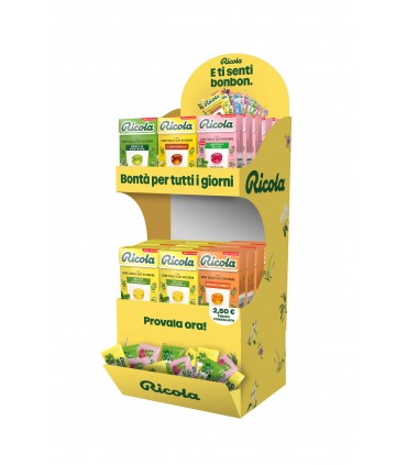 RICOLA ASTUCCIO EXPO DA BANCO DA 36PZ. ASSORTITI in omaggio 150 mini caramelle ricola 5g