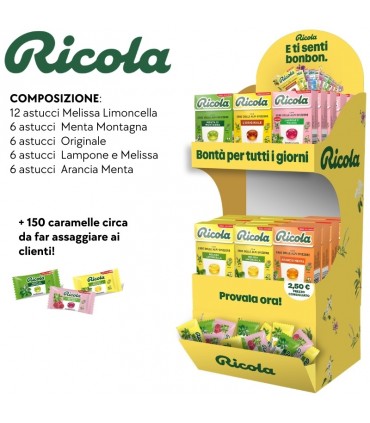 RICOLA ASTUCCIO EXPO DA BANCO DA 36PZ. ASSORTITI in omaggio 150 mini caramelle ricola 5g