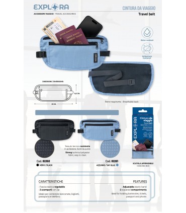 CINTURA da viaggio EXPLORA IN TESSUTO TECNICO resistente ALL'ACQUA IDEALE PER BANCONOTE-PASSAPORTO E TELEFONO COLORE AZZURRO