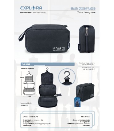 beauty case da viaggio EXPLORA IN TESSUTO TECNICO resistente con 3 scomparti colore nero