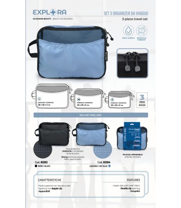 BUSTINA ORGANIZER DA VIAGGIO EXPLORA DA 3PZ. MISURE ASSORTITE IN TESSUTO TECNICO resistente all'acqua COLORE NERO