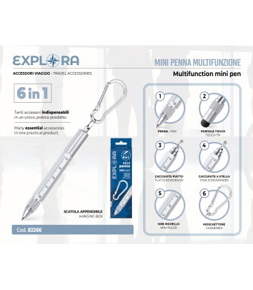 MINI PENNA PORTATILE EXPLORA MULTIFUNZIONE 6IN1 (PENNA-PUNTALE TOUCH-CACCIAVITE PIATTO/STELLA-MINI RIGHELLO-MOSCHETTONE)