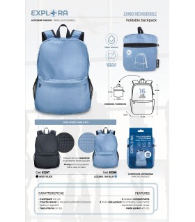 ZAINO DA VIAGGIO RICHIUDIBILE EXPLORA IN TESSUTO TECNICO resistente all'acqua CAPACITA' 16 LITRI colore azzurro