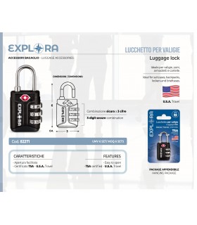 LUCCHETTO PER VALIGIA EXPLORA CON COMBINAZIONE A 3 CIFRE CERTIFICATO TSA U.S.A TRAVEL