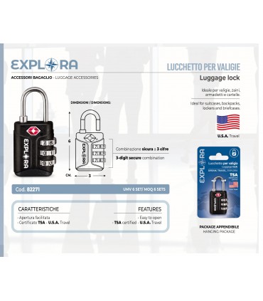 LUCCHETTO PER VALIGIA EXPLORA CON COMBINAZIONE A 3 CIFRE CERTIFICATO TSA U.S.A TRAVEL