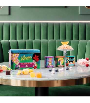 PASTIGLIE LEONE ESPOSITORE LATTINE IN METALLO HULYA CON PASTIGLIE ALLA CILIEGIA 30GR CONF.12PZ