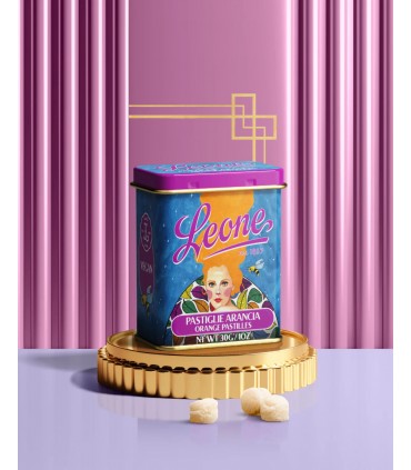 PASTIGLIE LEONE ESPOSITORE LATTINE IN METALLO HULYA CON PASTIGLIE ALL'ARANCIA 30GR CONF.12PZ