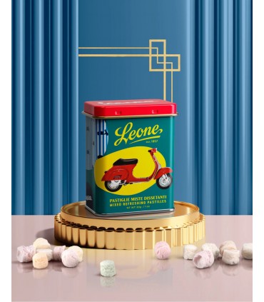 PASTIGLIE LEONE ESPOSITORE LATTINE IN METALLO VESPA 50 SPECIAL CON PASTIGLIE MISTA DISSETANTE 30GR CONF.12PZ