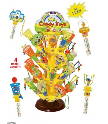 MIX TOYS ARCOBALENO UNA TORRE PIENA DI GIOCATTOLI  MISTI CON ALL'INTERNO CARAMELLE DA 8G. CONF. 36PZ.