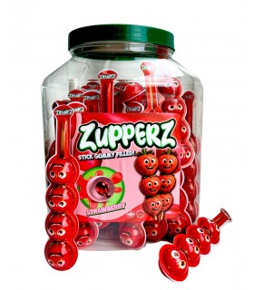 CARAMELLE GOMMOSE ZUPPERZ STICK STRAWBERRY RIPIENE DI GEL ALLA FRAGOLA CONFEZIONATE SINGOLARMENTE EXPO DA 50 PZ. DA 20 GR.