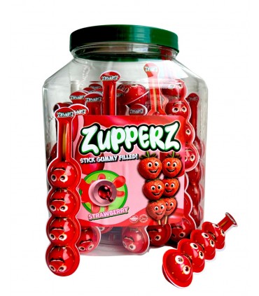 CARAMELLE GOMMOSE ZUPPERZ STICK STRAWBERRY RIPIENE DI GEL ALLA FRAGOLA CONFEZIONATE SINGOLARMENTE EXPO DA 50 PZ. DA 20 GR.