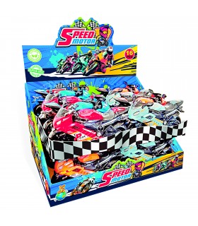 SPEED MOTOR CON RETROCARICA CON CARAMELLE 3G. ALLA FRUTTA CONF. 16 PZ. COLORI ASSORTITI