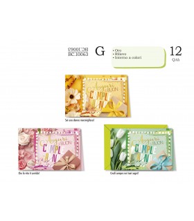 Biglietto CROMO COMPLEANNO FEMMINILE CON FIORI E RILIEVO CONF. 12 PZ. ASSORTITI