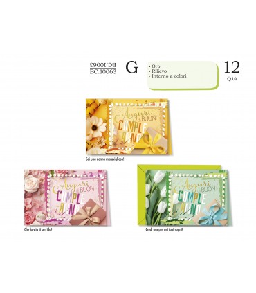 Biglietto CROMO COMPLEANNO FEMMINILE CON FIORI E RILIEVO CONF. 12 PZ. ASSORTITI