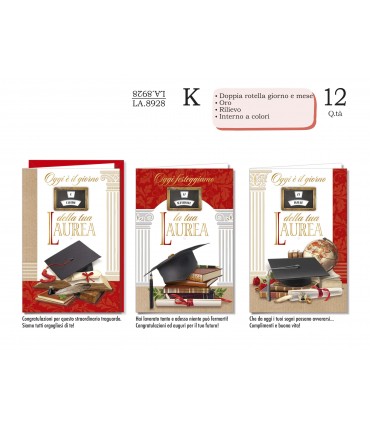 Biglietto CROMO LAUREA DOPPIA ROTELLA GIORNO/MESE CON INTERNO A COLORI CONF. 12 PZ. ASSORTITI