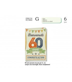 Biglietto CROMO COMPLEANNO 60 ANNI CON RILIEVO E INTERNO A  COLORICONF. 6 PZ.