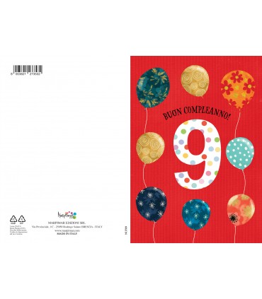 Biglietto Marpimar COMPLEANNO 9 ANNI METAL CON RILIEVO CONF. 6 PZ.