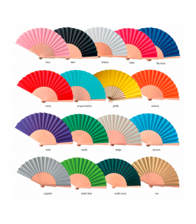 VENTAGLIO IN TESSUTO E MANICO IN LEGNO. SCATOLA DA 12 PEZZI ASSORTITI 1 PER COLORE. DIAMETRO CM42  COD.67