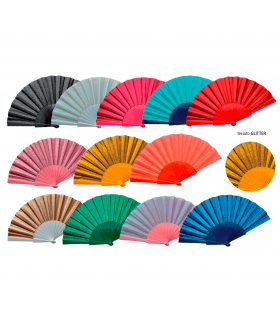 VENTAGLIO IN TESSUTO GLITTERATO E MANICO IN PLASTICA SCATOLA DA 12 PEZZI ASSORTITI 1 per colore DIAMETRO CM.42 COD.868