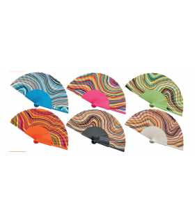 VENTAGLIO IN TESSUTO EFFETTO RASO E MANICO IN PLASTICA SCATOLA DA 12 PEZZI ASSORTITI 2 PER FANTASIA DIAMETRO CM.43 COD.424