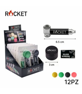 Pipette ROCKET in METALLO BLISTERATE H.6.5 CM CON BRACIERE E RETINE DI RICAMBIO GRINDER DA 3CM Expo da 12 pz. COLORI ASSORTITI