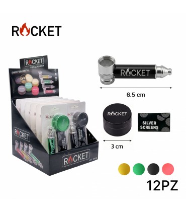 Pipette ROCKET in METALLO BLISTERATE H.6.5 CM CON BRACIERE E RETINE DI RICAMBIO GRINDER DA 3CM Expo da 12 pz. COLORI ASSORTITI