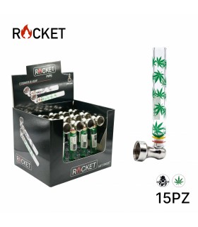 Pipette ROCKET COSMOSLEAF H.9.CM IN VETRO CON BRACIERE IN METALLO Expo da 15 pz. COLORI ASSORTITI