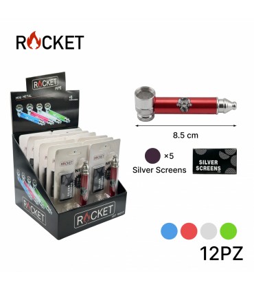Pipette ROCKET IN METALLO H.8.5CM CON BRACIERE E RETINE DI RICAMBIO Expo da 12 pz. COLORI ASSORTITI