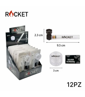 Pipette ROCKET IN VETRO H.9.5CM CON BRACIERE IN METALLO E RETINE DI RICAMBIO CON GRINDER DA 3CM Expo da 12 pz.