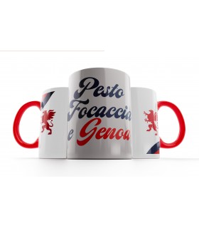 Tazza mug Ceramica con manico rosso grafica "Pesto e Focaccia" Genoa F.C. confezionata in scatola