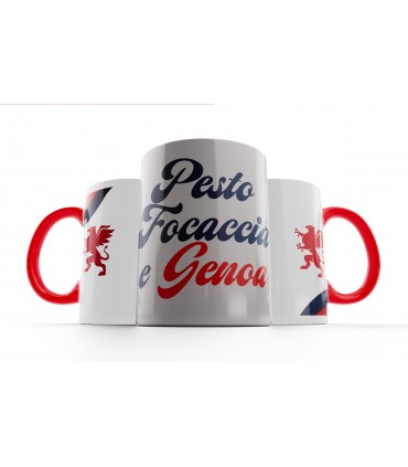 Tazza mug Ceramica con manico rosso grafica "Pesto e Focaccia" Genoa F.C. confezionata in scatola