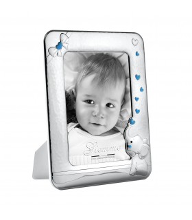 PORTAFOTO BIMBI COLORE CELESTE METALLO ARGENTATO 13X18 MADE IN ITALY RETRO E PIEDINO IN LEGNO SCATOLA E GARANZIA KBT78A
