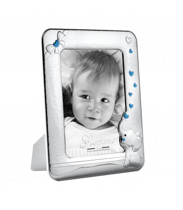 PORTAFOTO BIMBI COLORE CELESTE METALLO ARGENTATO 13X18 MADE IN ITALY RETRO E PIEDINO IN LEGNO SCATOLA E GARANZIA KBT78A