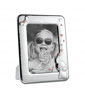 PORTAFOTO BIMBI COLORE ROSA METALLO ARGENTATO 13X18 MADE IN ITALY RETRO E PIEDINO IN LEGNO SCATOLA E GARANZIA KBT78B
