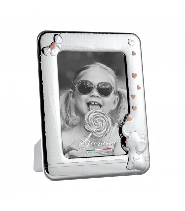 PORTAFOTO BIMBI COLORE ROSA METALLO ARGENTATO 13X18 MADE IN ITALY RETRO E PIEDINO IN LEGNO SCATOLA E GARANZIA KBT78B
