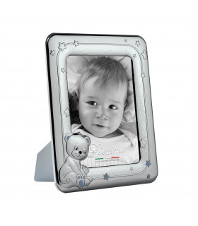 PORTAFOTO BIMBI COLORE CELESTE METALLO ARGENTATO 13X18 MADE IN ITALY RETRO E PIEDINO IN LEGNO SCATOLA E GARANZIA KBT80A