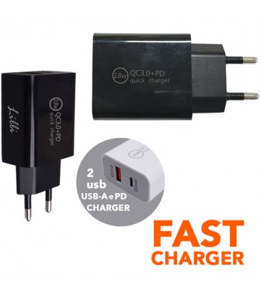 Caricatore da Muro con due prese USB e USB-C di ultima generazione colore NERO