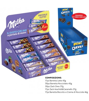 BARRETTE MILKA ASSORTITE VASSOIO DA 111 PZ. + IN OMAGGIO 1CF. MINI OREO 40G 20PZ. IN PRENOTAZIONE CON CONSEGNA A META' SETTEMBRE