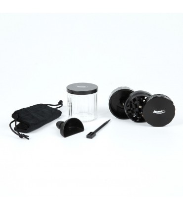 KIT COMPLETO GRINDER ATOMIC IN METALLO IN 3 PARTI DIAM. DA 50MM CON BARATTOLO E PALETTA DOSATRICE CONFEZIONE REGALO