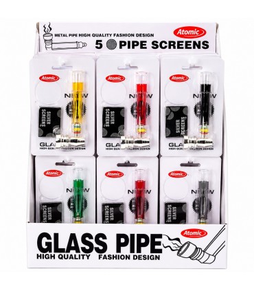 Pipe in vetro per Tabacco Atomic con retine di ricambio blisterate singolarmente colori assortiti CONF.24PZ