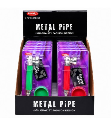 Pipe IN METALLO per Tabacco Atomic con GRINDER E retine di ricambio blisterate singolarmente colori assortiti CONF.12PZ