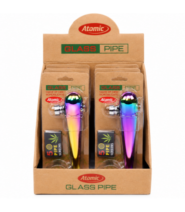 Pipe IN VETRO ATOMIC ARCOBALENO per Tabacco CON retine di ricambio blisterate singolarmente colori assortiti CONF.6PZ