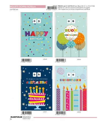 Biglietto Marpimar COMPLEANNO con foil argento ed applicazioni E doppia rotella in 3d conf. 12 PZ. ASSORTITI