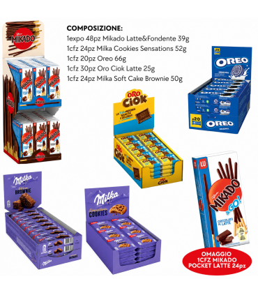 COMBO BAR OREO-MIKADO-ORO CIOK-COOKIES-MILKA BROWNIE 166PZ. OMAGGIO 24PZ MIKADO LATTE (IN PRENOTAZIONE C/O I PRIMI DI SETTEMBRE)