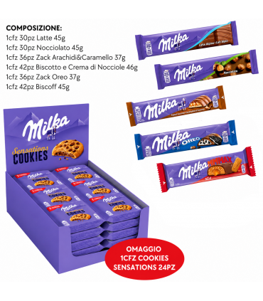 COMBO MILKA 5 BARRETTE ASSORTITE TOTALE 198PZ.+ OMAGGIO 1CF. MILKA COOKIES SENSATION 24PZ. IN PRENOTAZIONE C/O A META' SETTEMBRE